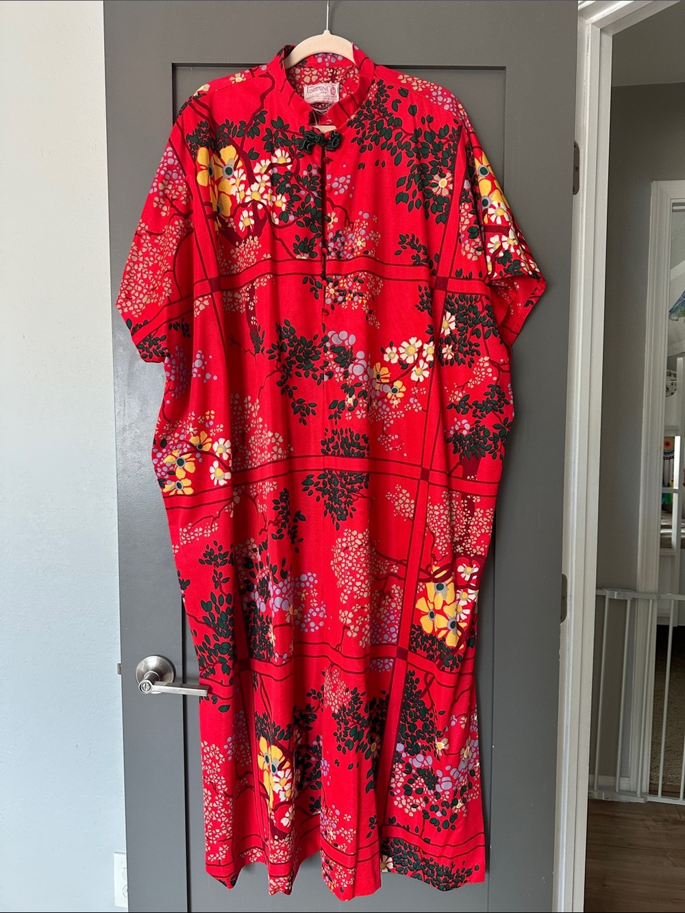 Bold Red Floral Maxi Dress with Mandarin Collar